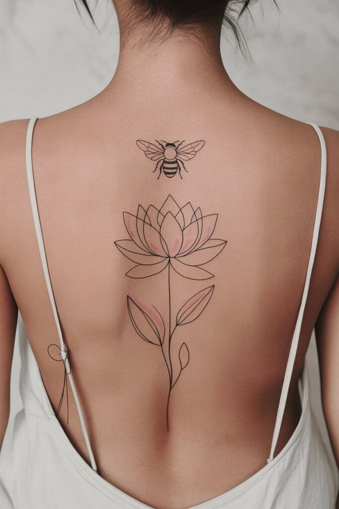 Serene Back Tattoo of Bee with Lotus Flower