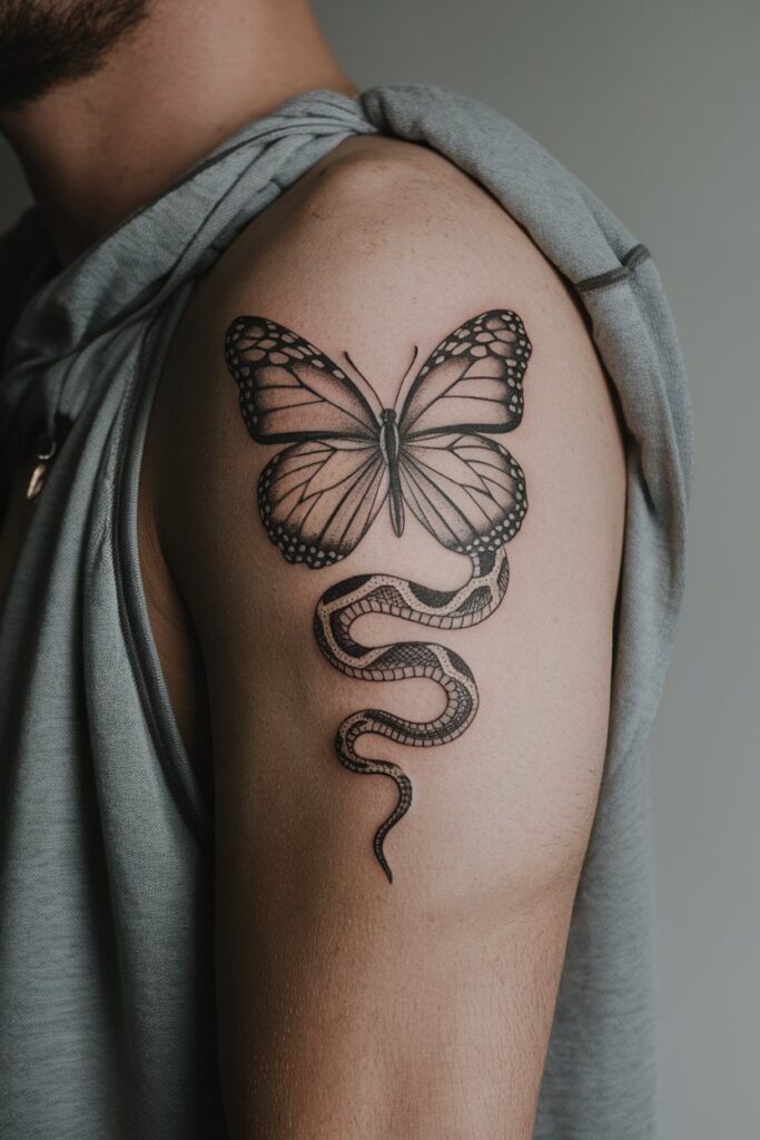 Bold Butterfly and Snake Arm Tattoo