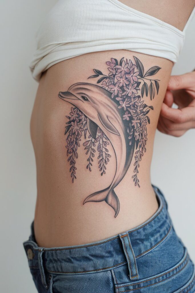 Dolphin with Cascading Lilacs Rib Tattoo