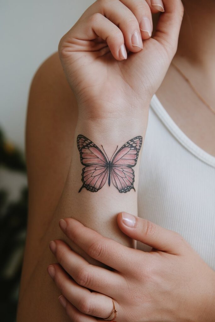 Elegant Pink Butterfly Tattoo on the Wrist