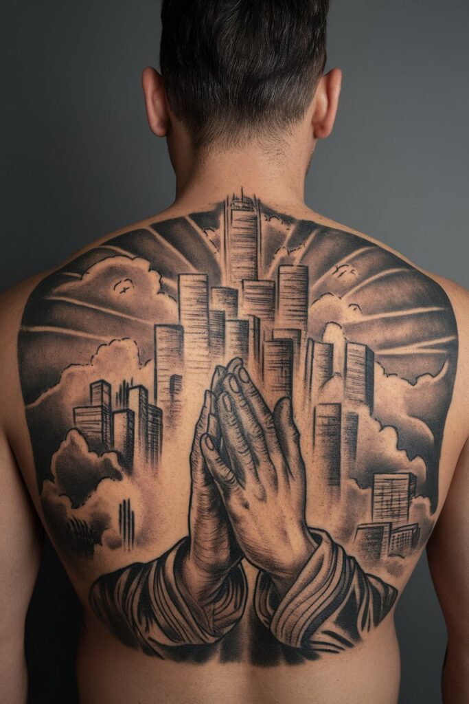 Praying Hands Tattoo with Cityscape and Radiant Sky