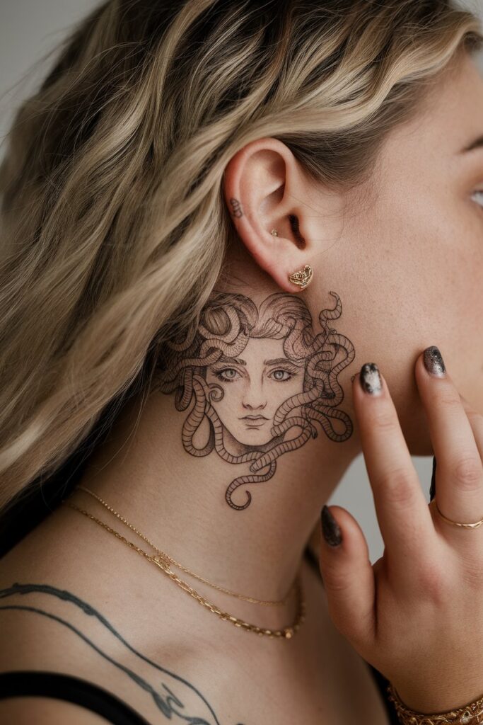 Subtle Medusa Neck Tattoo with Intricate Linework