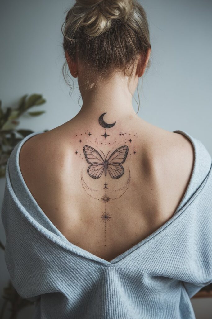 Celestial Butterfly Tattoo on the Upper Back