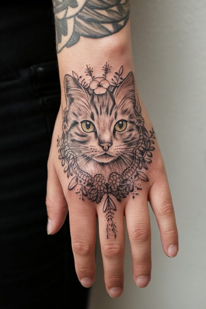 Intricate Cat Portrait Hand Tattoo