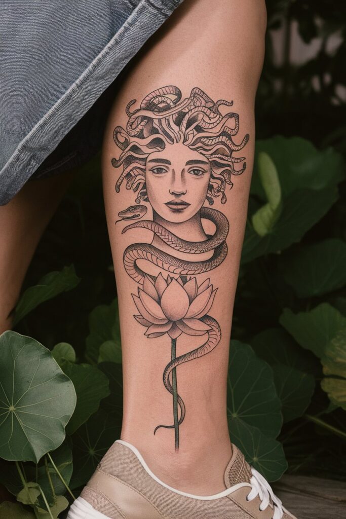 Medusa Tattoo with Serpent and Lotus Harmony