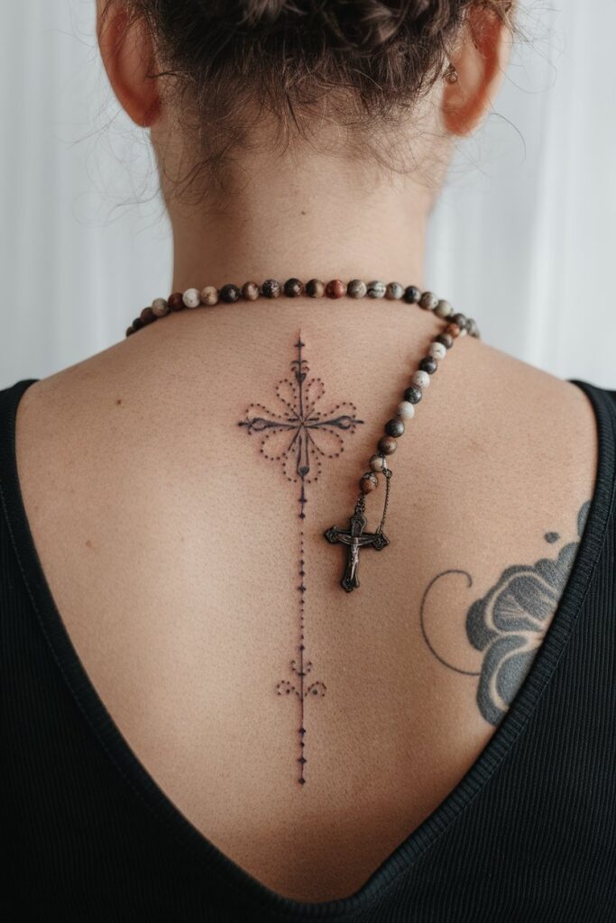 Minimalist Cross Spine Tattoo with Elegant Dotwork