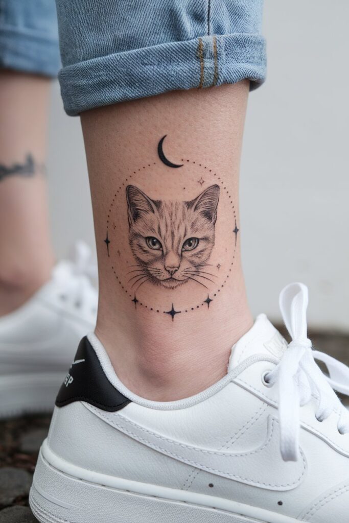 Celestial Cat Tattoo on Ankle