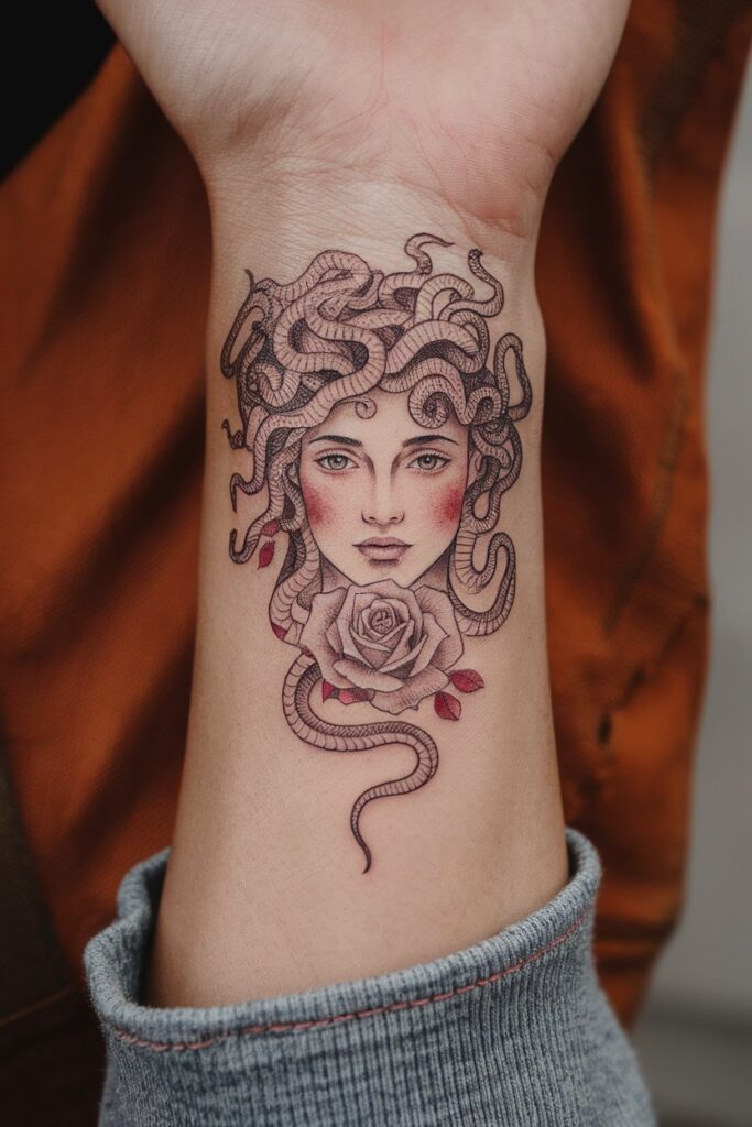 Medusa Wrist Tattoo with Delicate Rose