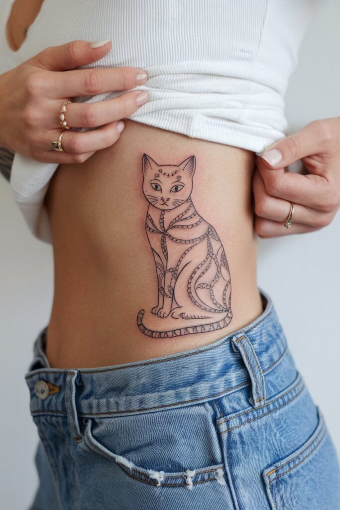 Ornamental Cat Outline Tattoo with Intricate Details