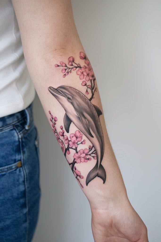 Dolphin and Cherry Blossoms Forearm Tattoo