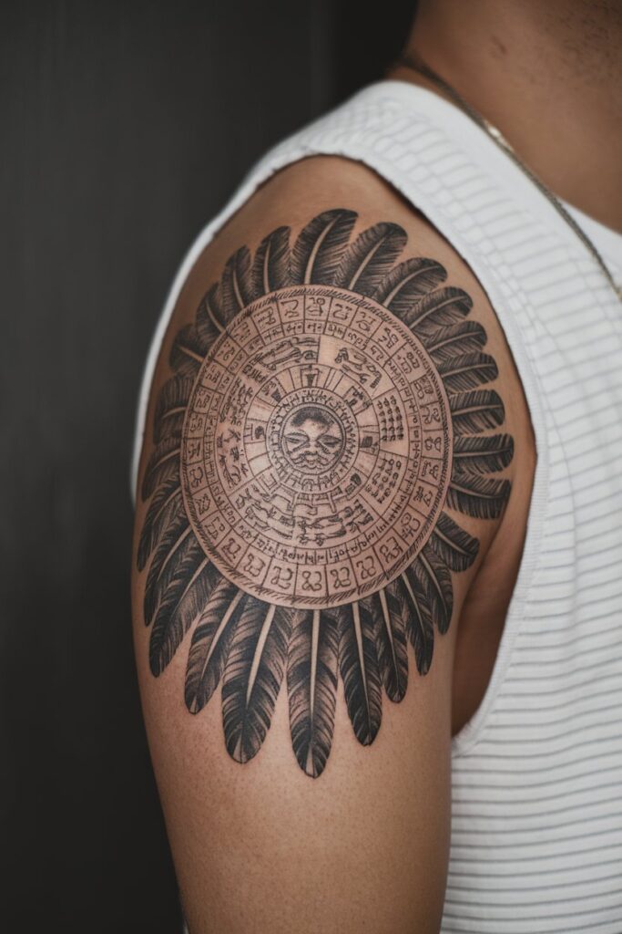 Intricate Aztec Calendar Tattoo with Feathered Border