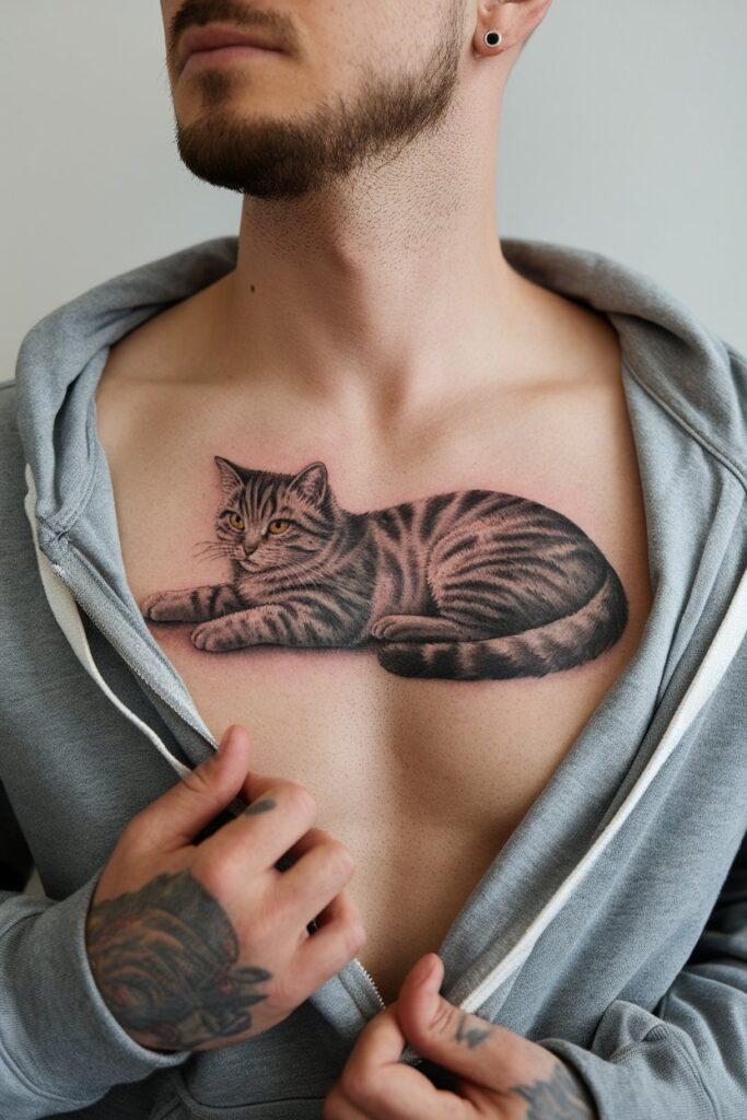 Realistic Cat Tattoo on Chest