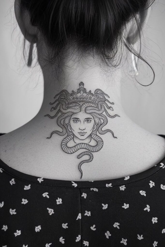 Regal Medusa Tattoo on Nape with Crown Detail