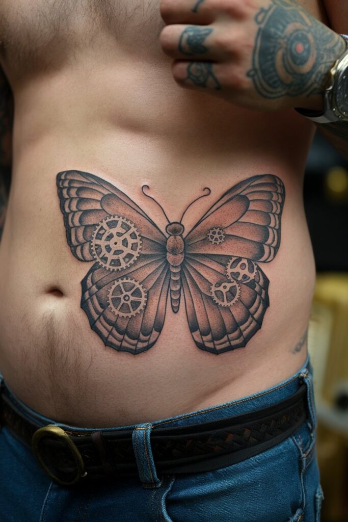 Steampunk Butterfly Stomach Tattoo