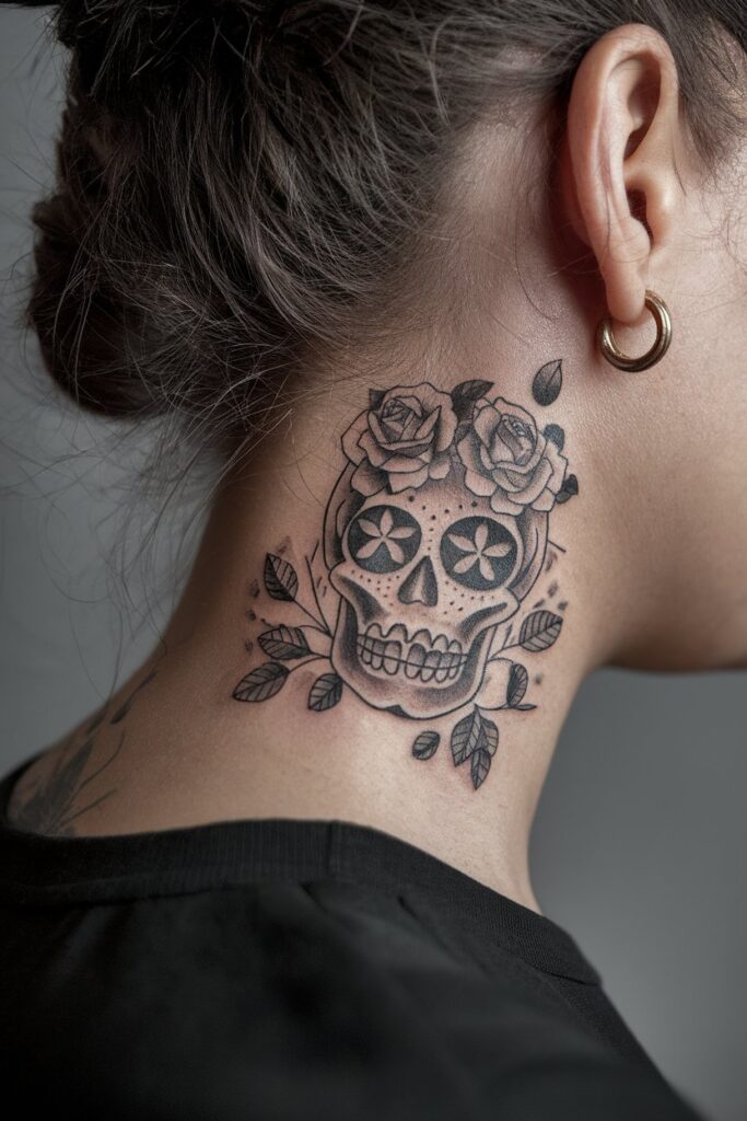 Bold Sugar Skull Tattoo Behind the Ear