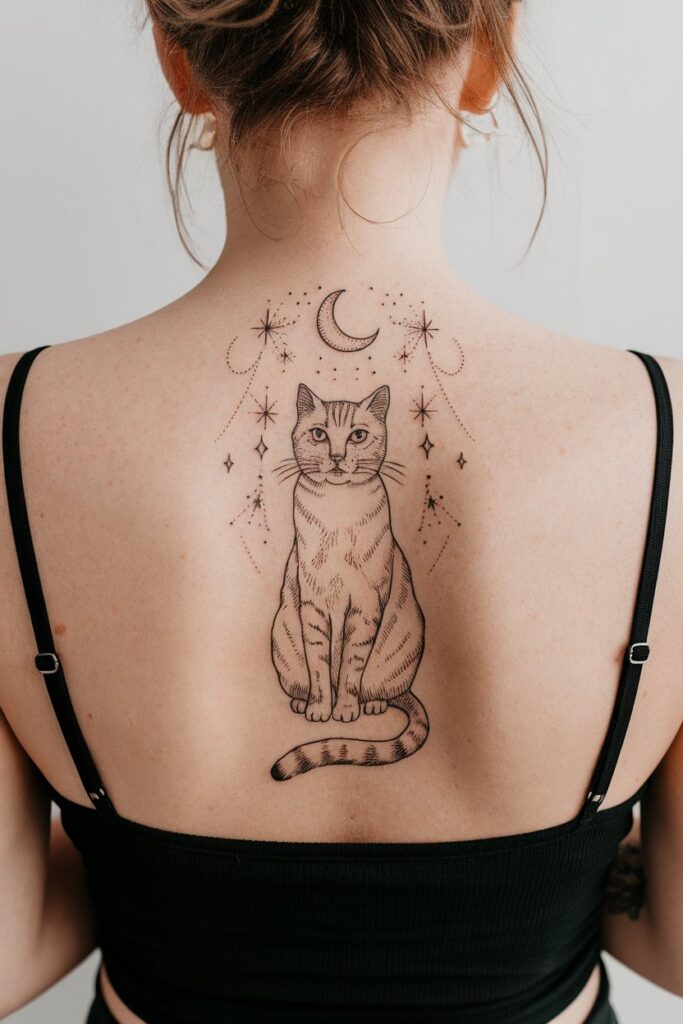 Celestial Cat Tattoo on Back