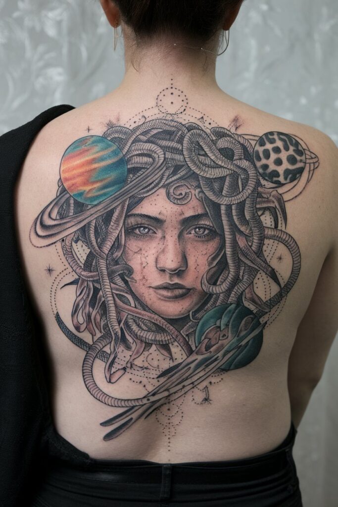 Cosmic Medusa Back Tattoo with Planetary Motifs