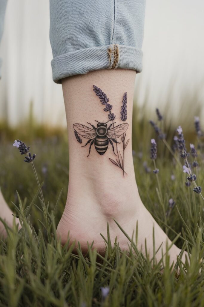 Fine Line Bee Tattoo with Lavender Details