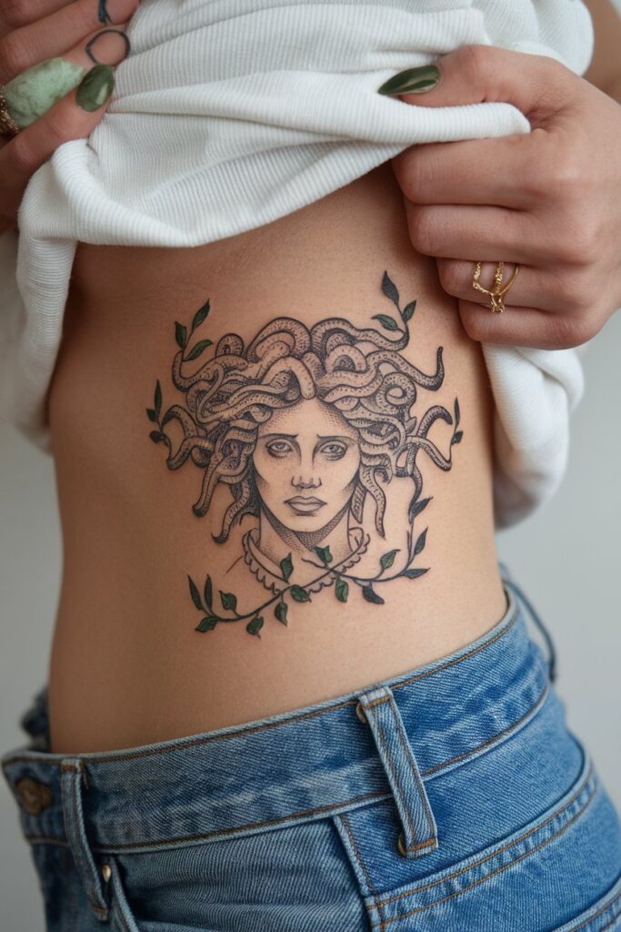 Medusa Tattoo with Serene Leaf Accents