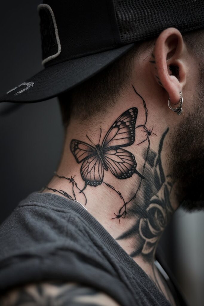 Bold Butterfly and Barbed Wire Neck Tattoo