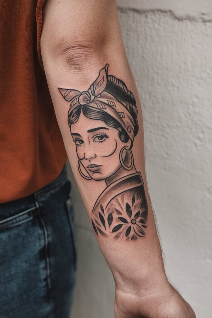 Classic Chicana Portrait Tattoo with Bold Lines