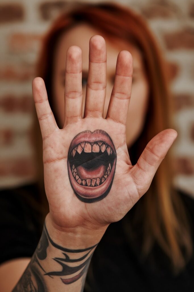  Fierce Mouth Palm Tattoo