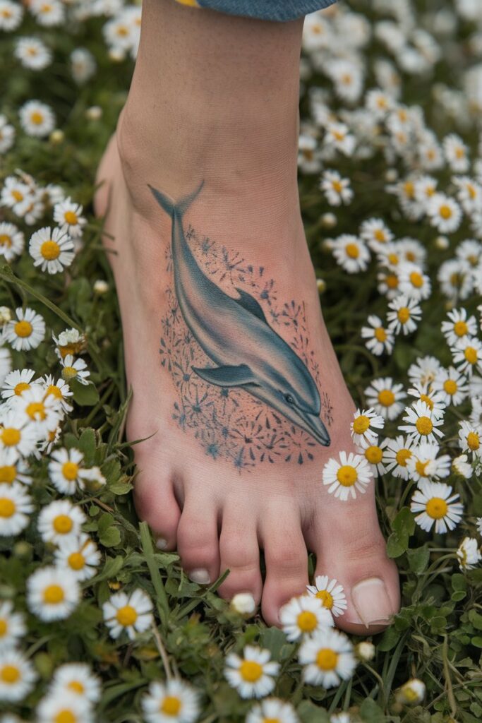 Graceful Dolphin with Daisies Foot Tattoo