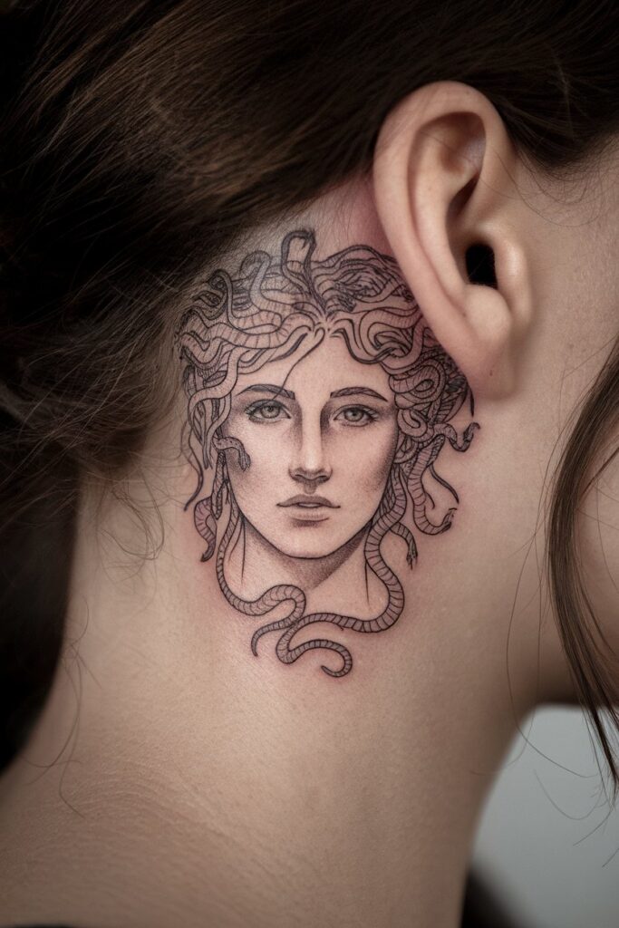 Medusa Side Neck Tattoo with Intense Gaze