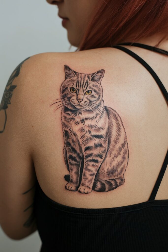 Realistic Cat Shoulder Tattoo