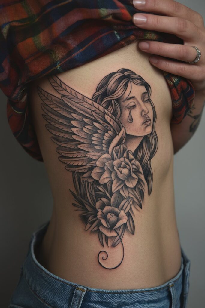 Angelic Figure Tattoo with Roses and Tears