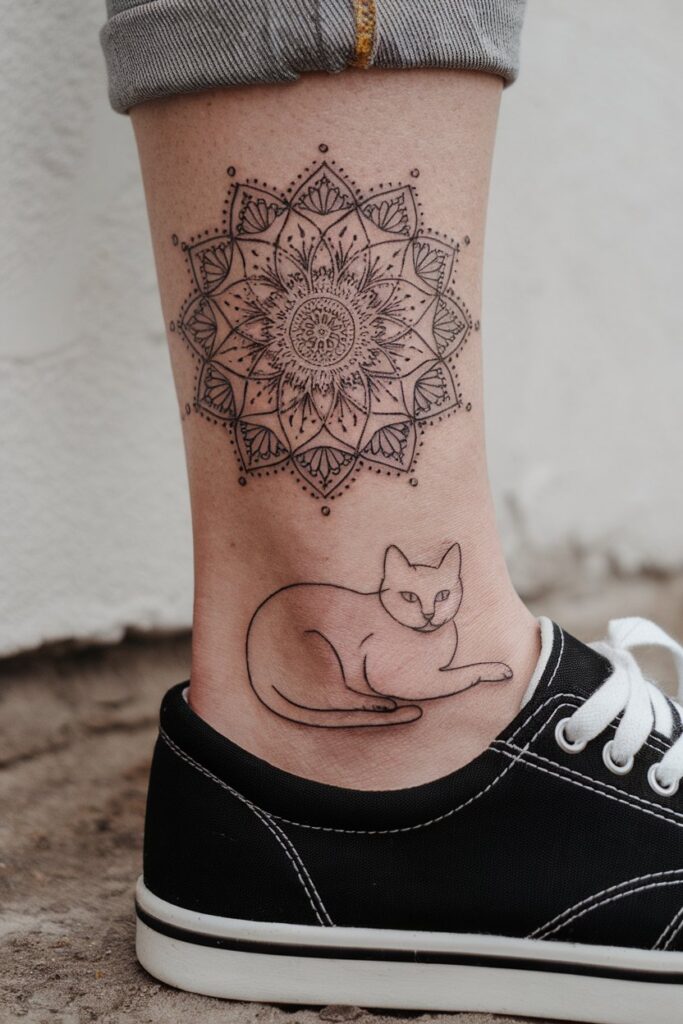 Cat Outline Tattoo with Mandala Accent