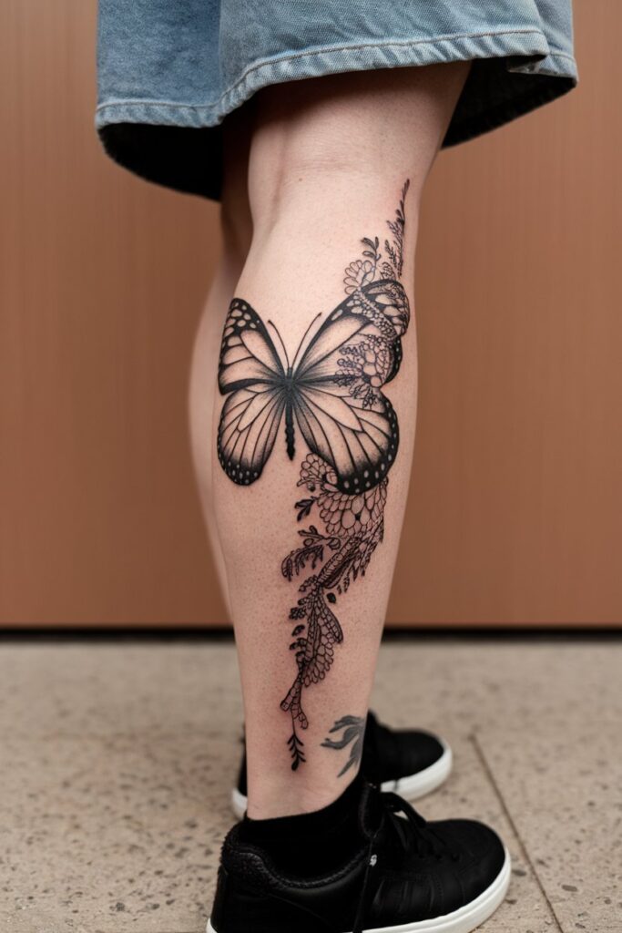 Detailed Butterfly and Floral Calf Tattoo