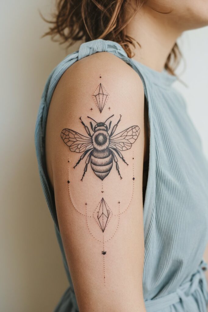 Geometric Fine Line Bee Tattoo on Upper Arm