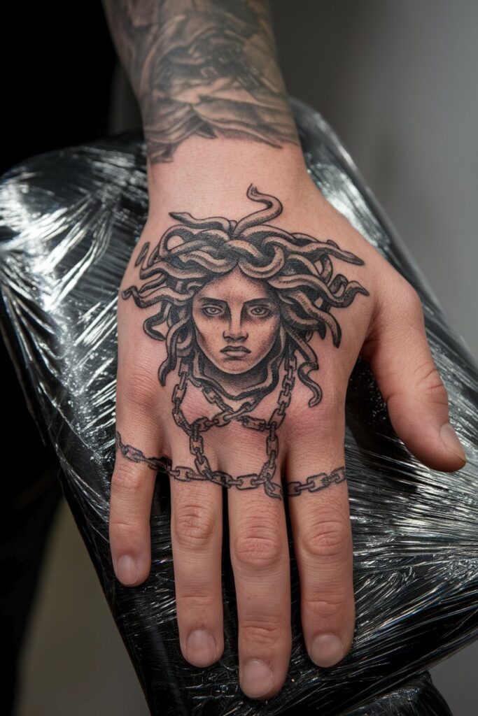 Medusa Hand Tattoo Strength Bound in Chains