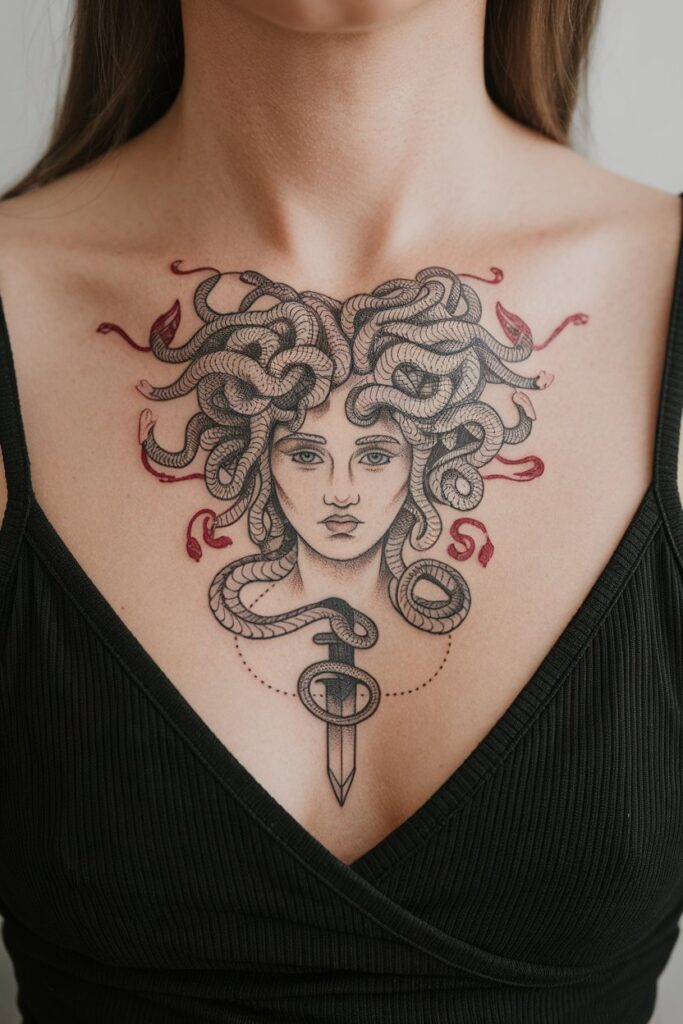 Medusa Tattoo with Striking Sword Motif