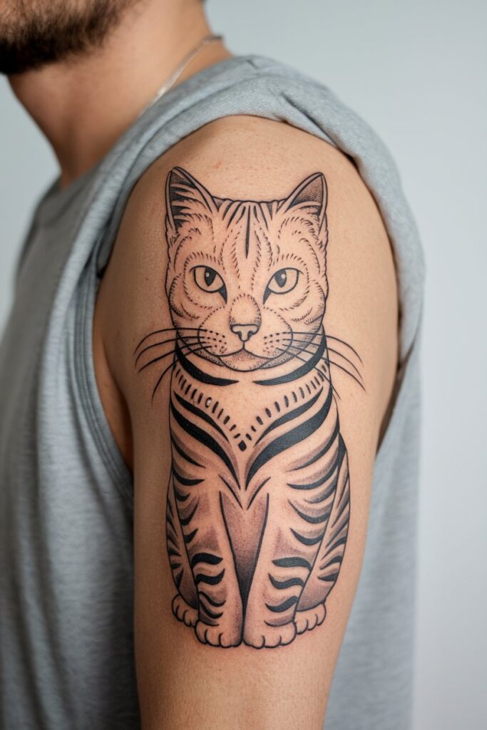 Bold Cat Outline Tattoo with Tribal Details