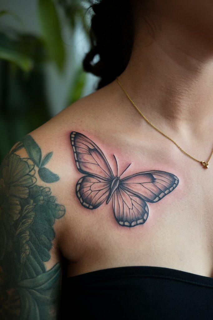 Bold Shoulder Butterfly Tattoo in Black and Grey