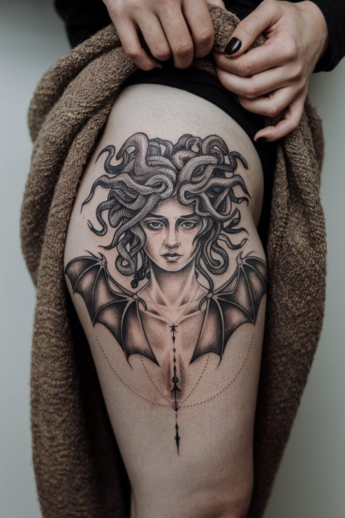 Dark Medusa Thigh Tattoo with Gothic Wing Details