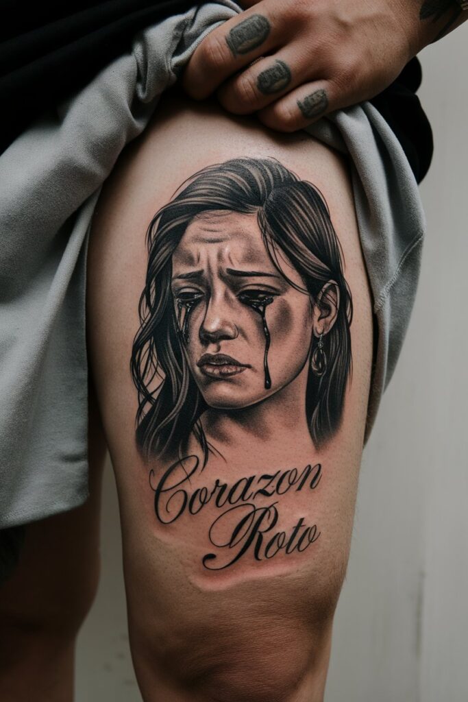 Emotional Portrait Tattoo with Corazon Roto Script