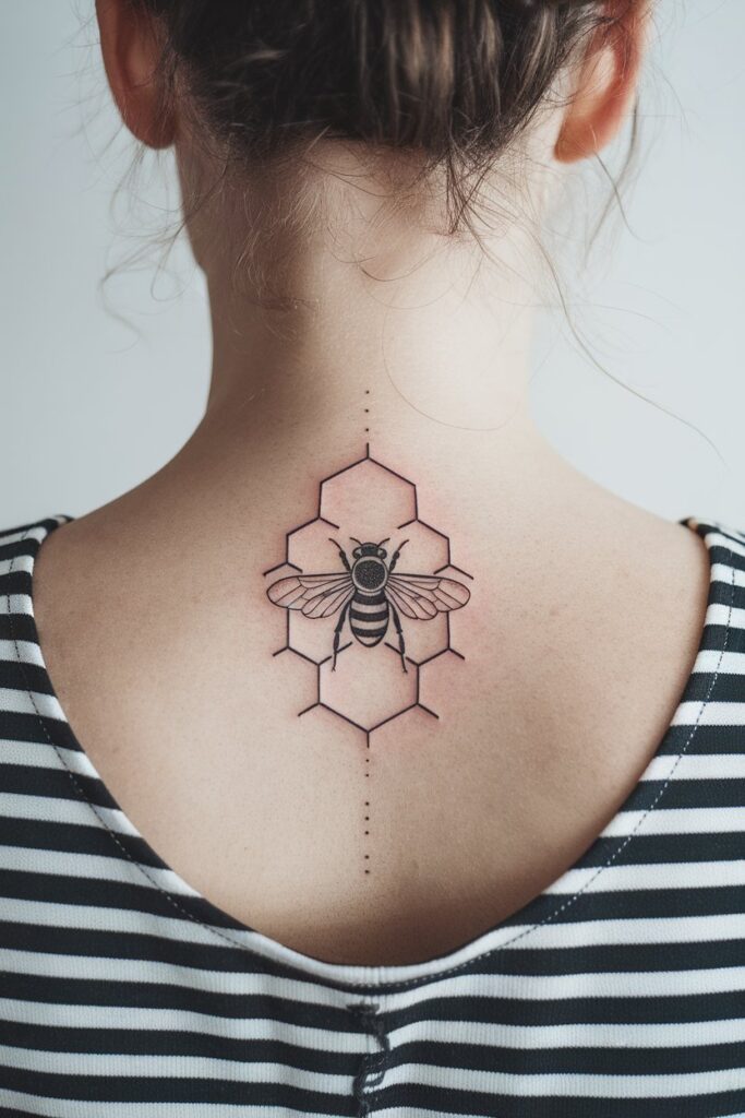 Geometric Honeycomb Bee Tattoo on Upper Back