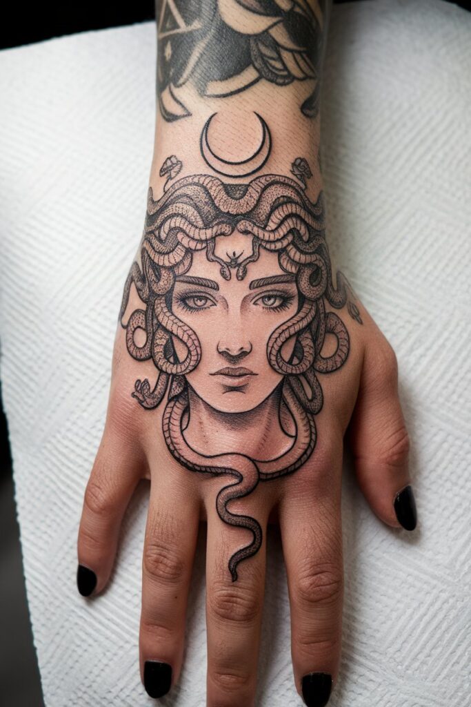 Medusa Hand Tattoo Mystique with a Celestial Touch