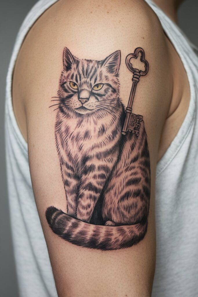 Realistic Cat Tattoo with Key