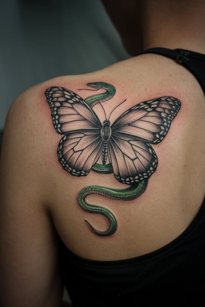 Butterfly and Snake Shoulder Tattoo