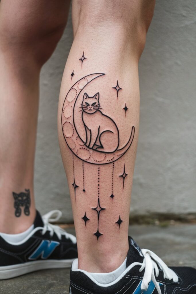 Celestial Cat Outline Tattoo with Moon and Stars