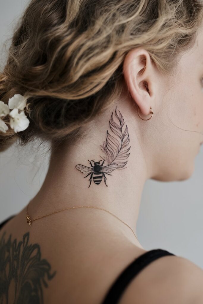 Delicate Bee and Feather Tattoo Behind the Ear