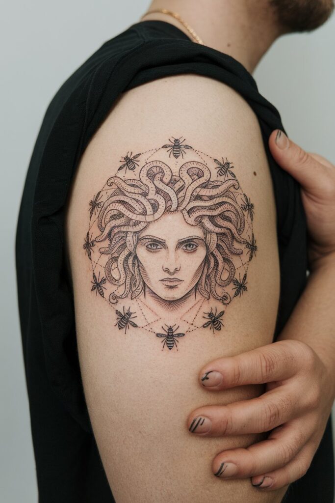 Medusa Tattoo Encircled by Bees