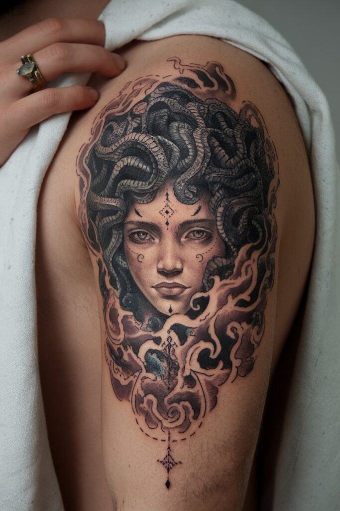 Mesmerizing Medusa Shoulder Tattoo with Flowing Smoke