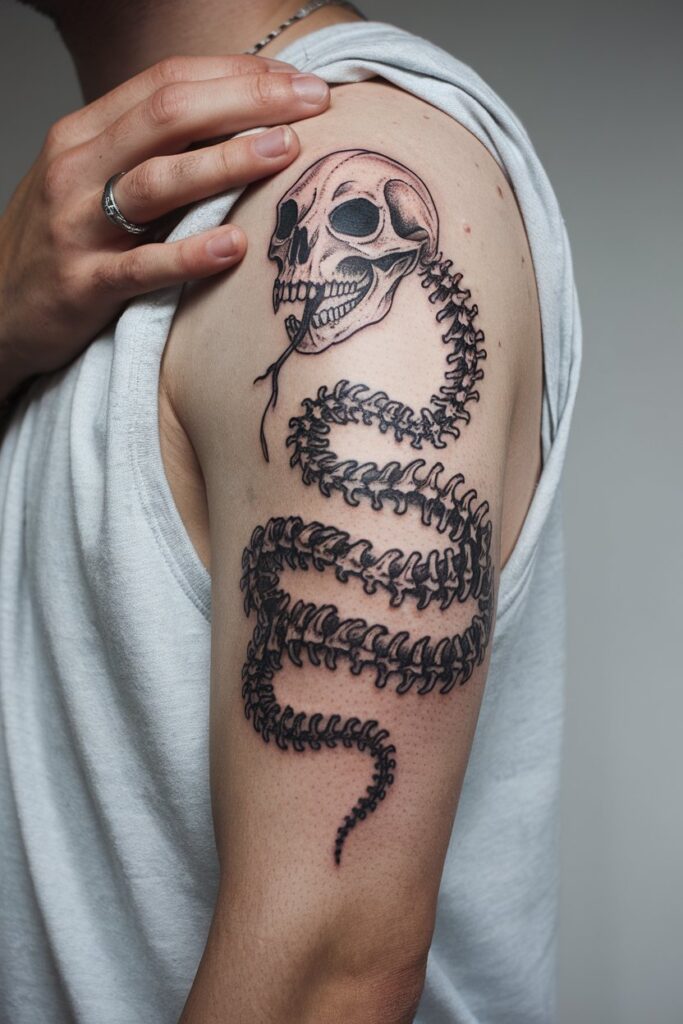 Skull and Spine Serpent Tattoo