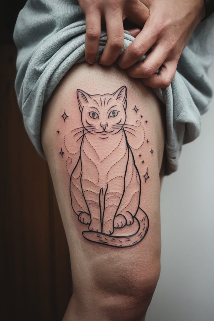 Whimsical Cat Tattoo with Cosmic Touch