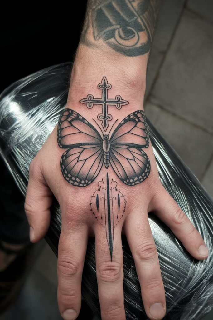 Butterfly and Cross Hand Tattoo